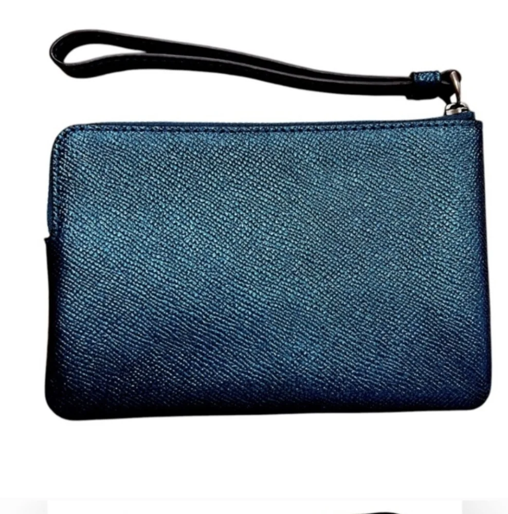 SOLD Coach Metallic Teal Glitter Crossgrain Leather Wristlet Peacock Saffiano - Picture 2 of 6